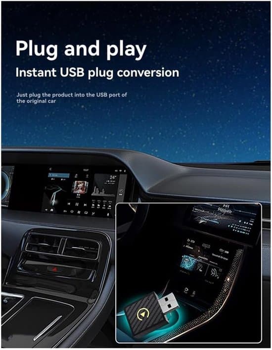 2-i-1 smart AI biladapter, trådløs CarPlay og Android Auto, plug and play