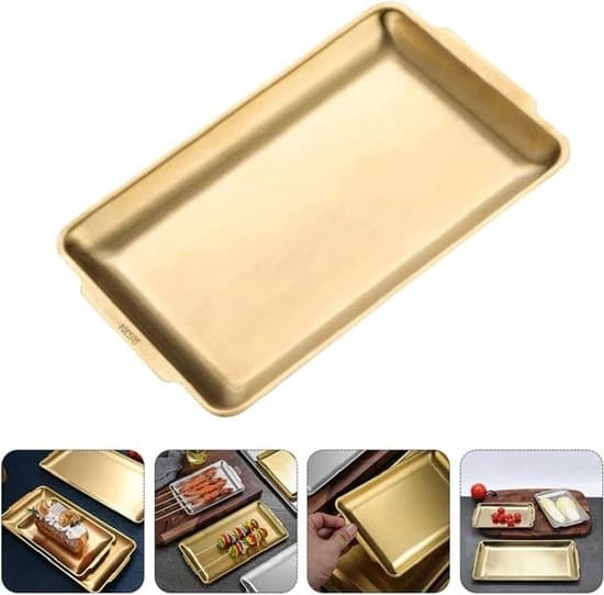 Rektangulär metallbricka 32x16 cm - Guldfärgad serveringsbricka för inomhus- och utomhusbruk, lättskött och hållbar
