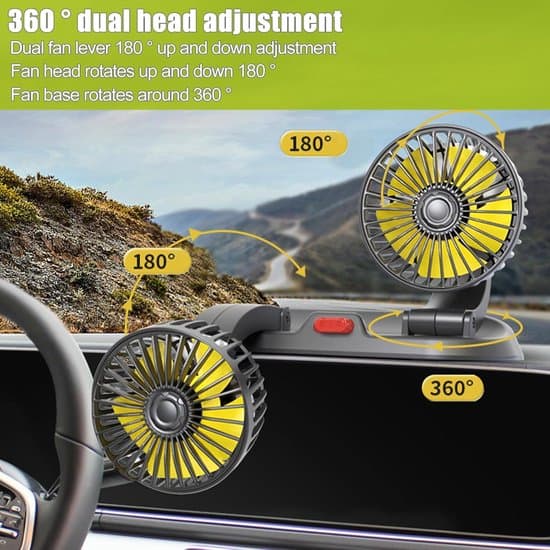 12V Dobbelt-hoved Bilventilator – 360° Rotation – Instrumentbrætventilator – Cigarettænderinterface