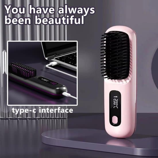 Mini USB Genopladelig Trådløs Glattebørste med 3 Varmeindstillinger (Pink)