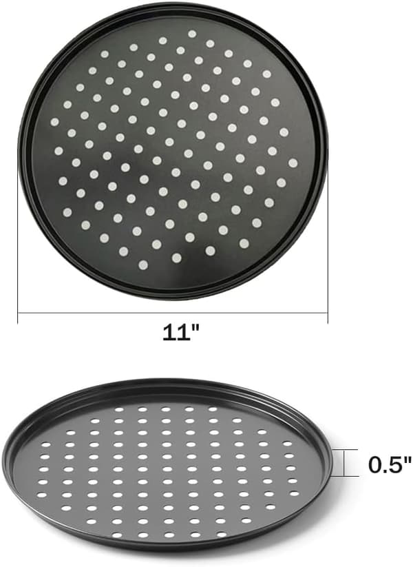 4 runde pizzapander - Pizzabagepander - Runde - Non-stick belægning - Grå perforeret