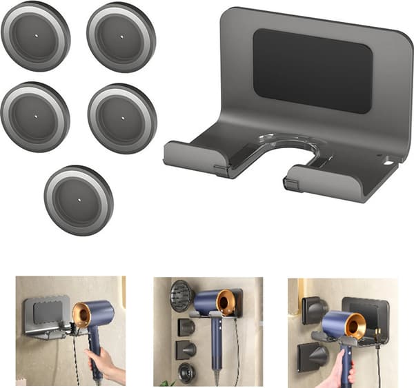 Hårtorksställ, hårtorksställ för Dyson hårtorkar, väggmonterat hårtorksställ med 5 magnetiska munstyckshållare, grå.