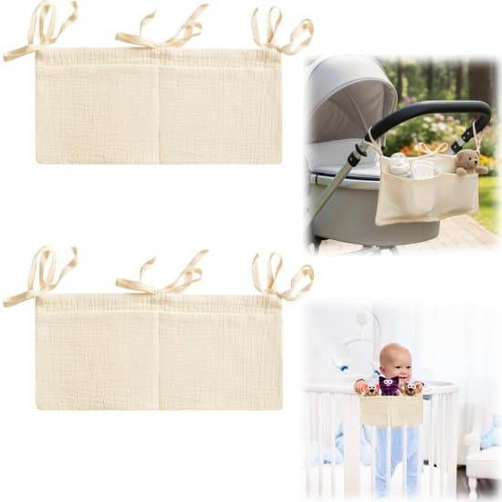 2-pack off-white bomullsförvaringsväskor för spjälsäng och barnvagn - 38 x 18 cm