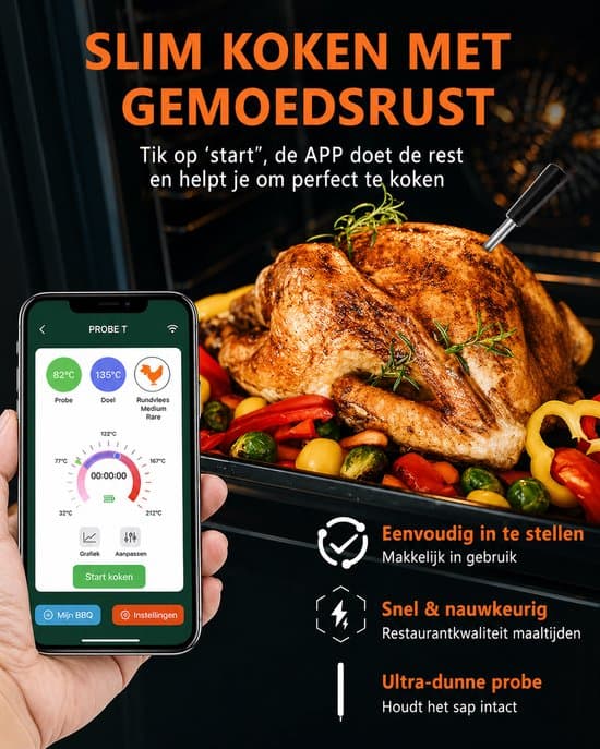 Trådløst Kødtermometer (med app) - Bluetooth BBQ Termometer - Ovntermometer - BBQ Tilbehør - Rustfrit Stål - Sort