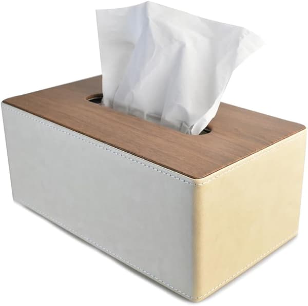 Servietboks, rektangulær servietboks i læder, trælåg - beige