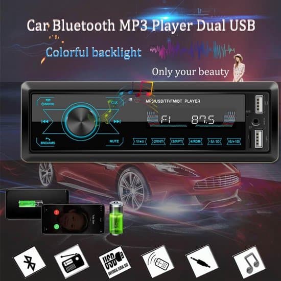 12V bilradio, stöder Bluetooth handsfree-samtal, USB och MP3-spelare, 7-färgs LED-indikator, kompatibel med iOS- och Android-telefoner.