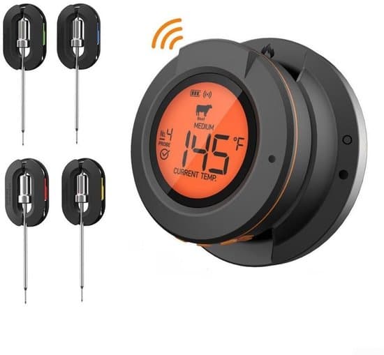 Smart Köttermometer - Digital Kökstermometer - Perfekt Grillning - Appkontroll & Varningar - 4 Prober - Svart