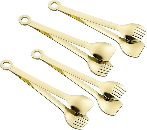 Firedelt sæt guldbelagte mini-forretstænger i rustfrit stål, 15 cm lange.