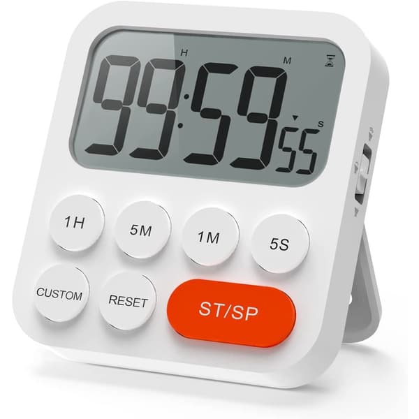 Digital kökstimer med stor LCD-display, klockläge, nedräkning/uppräkning, matlagningstimer, vit.