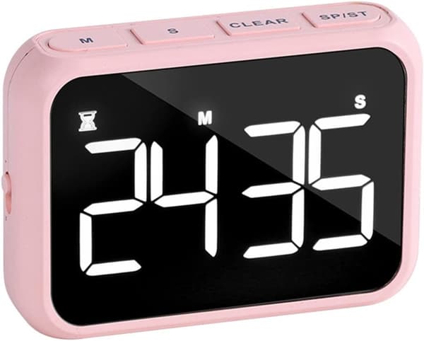 Køkkentimer/tidsstyring til studerende, nedtællingstimer til bageundervisning, LED-displaytimer (pink).