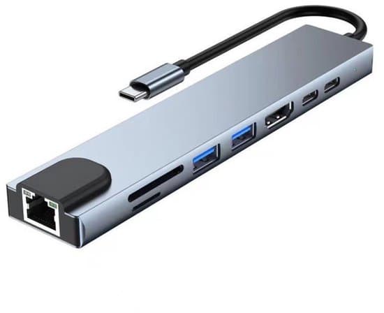 8-i-1 USB-C Hub - Ethernet - 4K HDMI - 100W PD - Grå