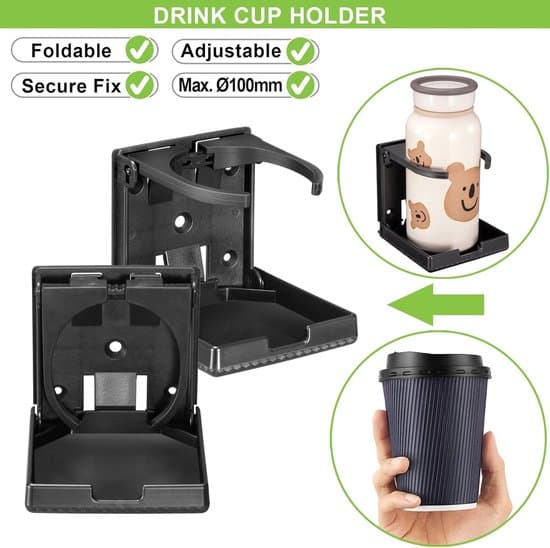 Drikkevareholdere, 2-pak, foldbare, til biler/både/lastbiler, 60-100 mm, Sort