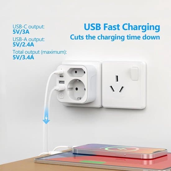 Rejseadapter med USB-C- og USB-A-porte til Australien og Kina