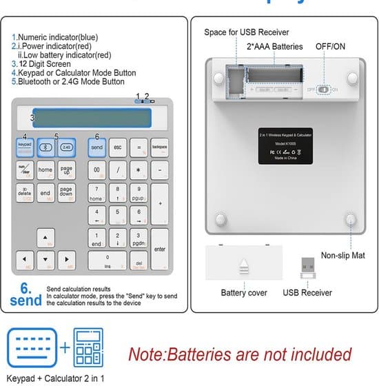 2-in-1 Bluetooth/langallinen numeronäppäimistölaskin - hopea