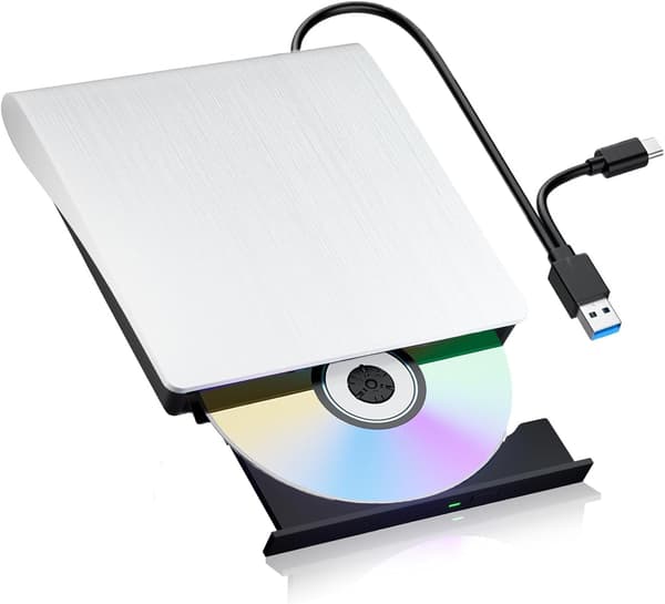 Eksternt CD/DVD-drev til bærbare computere, USB 3.0 CD/DVD-brænder, bærbart CD/DVD+/-RW-drev til Windows 11, 10, 8, Linux og Mac OS (hvid).