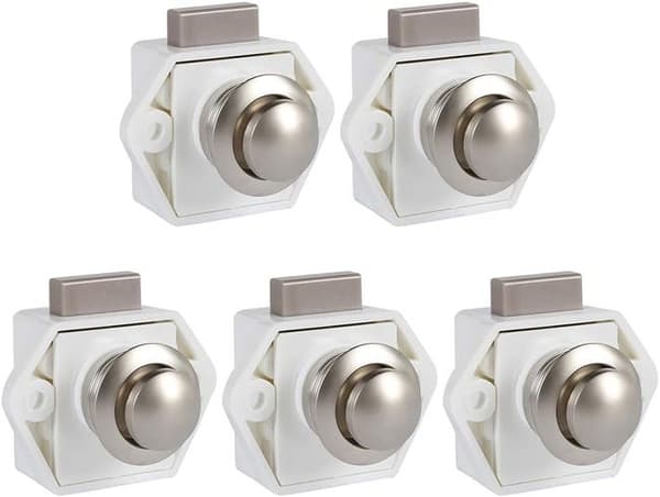 5-pack nyckellösa tryckknappslås, möbeldörrlås, tryckknappslås för tjocka möbler (vit)