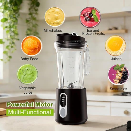 Sort ledningsfri bærbar blender med 4 knive og tilbehør