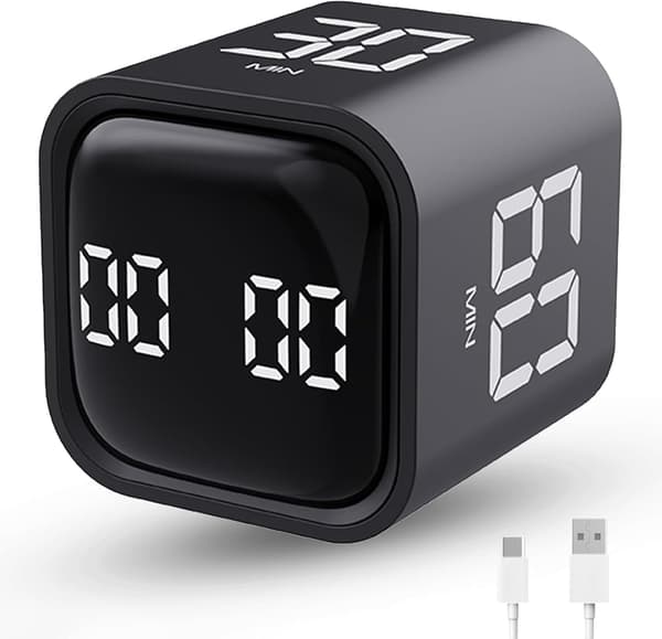 Flip Gravity Sensor Terning Timer med Nedtællingstilstande, Lydløs/Vibrations-tilstande, 5/10/30/60 Min & Brugerdefinerede Timere til ADHD (Sort)