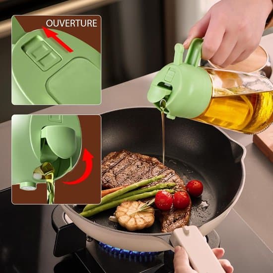 2-i-1 glas olivenoliedispenser, 470 ml, spray/hæld til køkken, airfryer, grill (grøn)