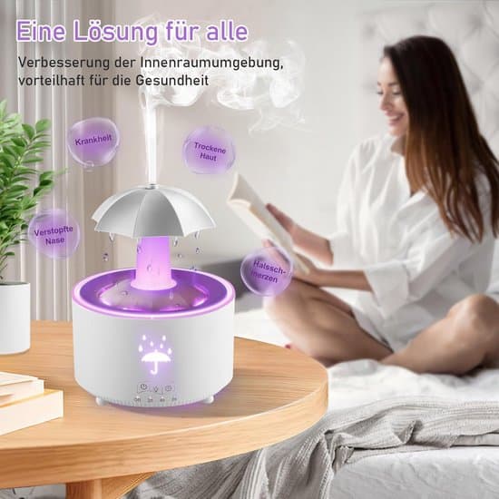 Luftfugter, Aroma Diffuser, Paraply Luftfugter, Roterende Paraply Dråbe Luftfugter, Aromaterapi Diffuser med 7-farvet LED-belysning, Hvid, 300 ml
