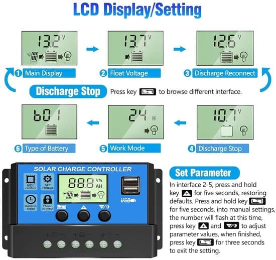 30A Solar Charge Controller - 12V/24V Solar Panel Controller - med justerbar LCD-skærm - Dobbelte USB-porte Timerindstillinger - Laderegulator