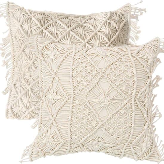 2 Makramé Pudebetræk - 45x45 cm - Hvid - Håndlavet Boho