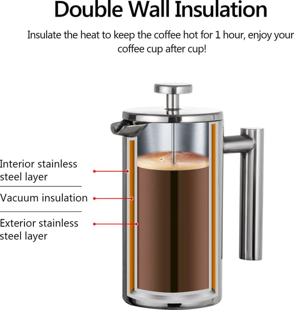 Kaffemaskine i rustfrit stål, isoleret tekande, stempelkande - 1000ml