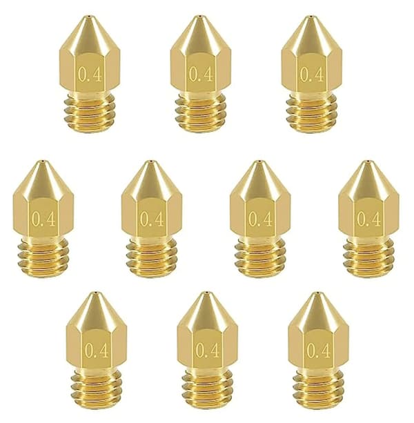 10 messingdyser, 0,4 mm, til MK8 3D-printere.