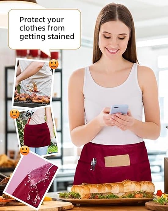 2-pack röda 61 cm vattentäta unisex-förkläden för servitörer med tre fickor