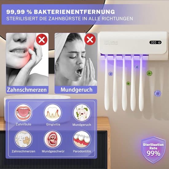 UV-tandbørstesterilisator med holder til 5 tandbørster | Vægmontering, tørrefunktion