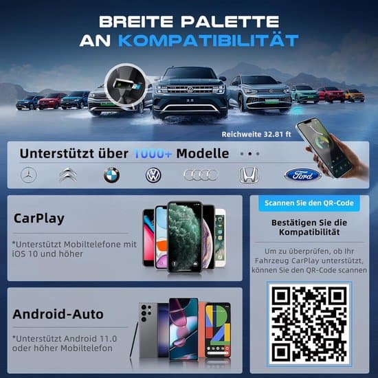 - 2-i-1 trådløs CarPlay og Android Auto-adapter, kablet til trådløs, USB/USB-C-interface, stabil forbindelse, intelligent stemmestyring.