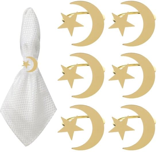 - Guld Servietringe - 6 Stykker - Ramadan Tema Design - Robust Materiale - Bordtilbehør - Ideel til Fester - Bordtilbehør