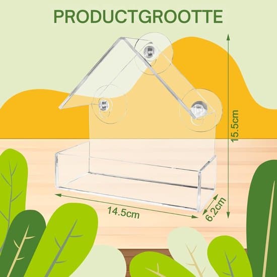 Vinduesfuglefoderbræt - Fuglehus - Med sugekop - Stor gennemsigtig akryl - Fuglefoderbræt - Foderstation - 15x7x16 cm