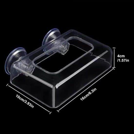 Akvariefiskefoderautomat, akrylfoderautomat, bred fodringsring, flydende arkfoderholder, rent og robust design, fremragende holdbarhed, akrylmateriale.