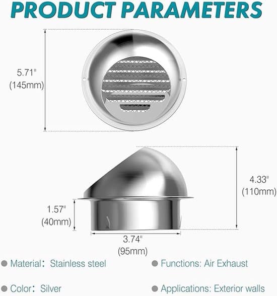 100 mm cirkulær ventilationsrist med regntæt dæksel i rustfrit stål