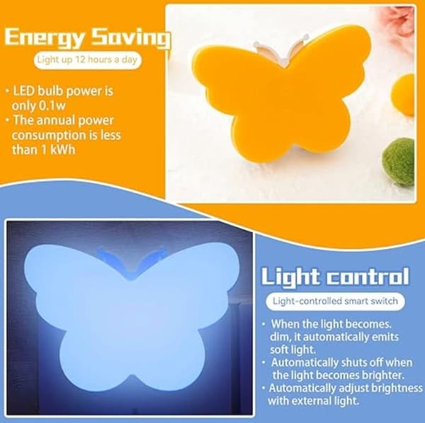 Firedelt LED-natlysholder sæt, med lyssensor, automatisk dæmpning, sommerfugledesign.