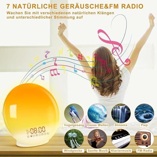Valoherätyskello auringonnoususimulaatiolla ja FM-radiolla