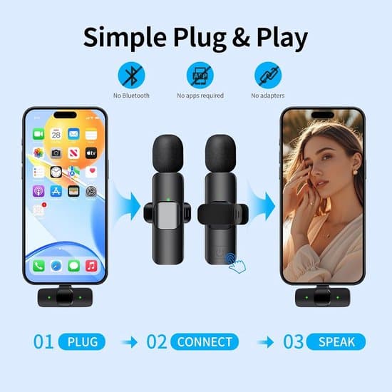 Trådløs Bluetooth Lavalier Minimikrofon til iPhone med LED-display og drejelig klips