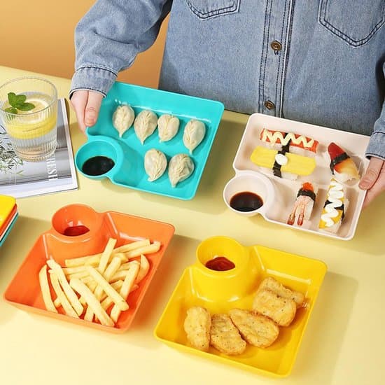 4-delt firkantet dumpling/snackfad sæt - ruminddelt - grøn/orange/gul