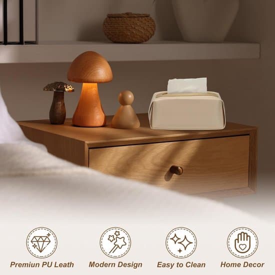 PU læder tissueboks - rektangulær - tryklukning - foldbar - 20 x 12 x 9 cm (råhvid)