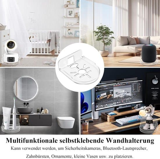 Kamerafäste - Borrfri väggmontering - 4-delat set - Transparent