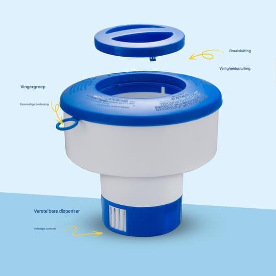 Flydende klordispenser til 7,6 cm tabletter, justerbar flow, til pools og spabade, Diameter 16,2 cm - Blå, hvid
