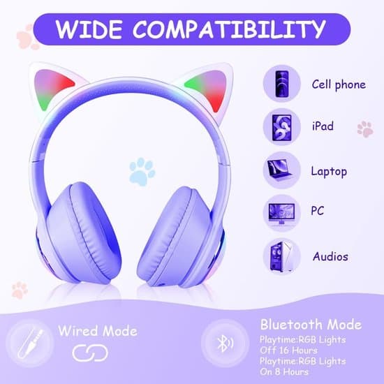 Børne Bluetooth 5.3 Katteøre LED Stereo Foldbare Trådløse Hovedtelefoner, Pink