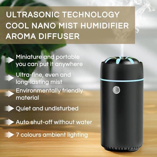 Mist Air Diffuser Bærbar Lille Luftfugter Bil Diffuser Luftfrisker Aroma Olie Diffuser Luftfugter Velegnet til Soveværelse Kontor Hjem (Sort)