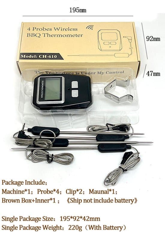 Digital kötttermometer - BBQ-termometer - 4 mätprober - Ugnstermometer - Trådlös med app - Bluetooth - Batteri ingår ej