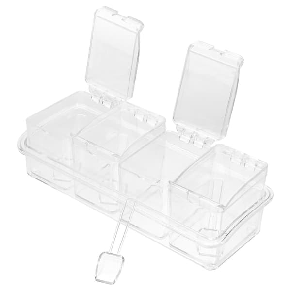 Fyrfackad transparent kryddbehållare i plast, med sked