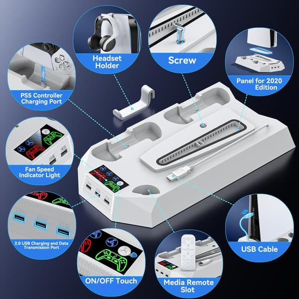 PS5 Controller Dual Opladerstander med Blæser, Multifunktionel 2-i-1 Controller Opladerstander med Blæserbase - Hvid