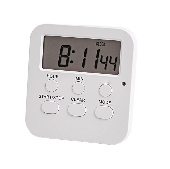 Digital timer, dobbelt stik, med tænd/sluk-program, trebenet programmerbar timer, egnet til indendørs brug.