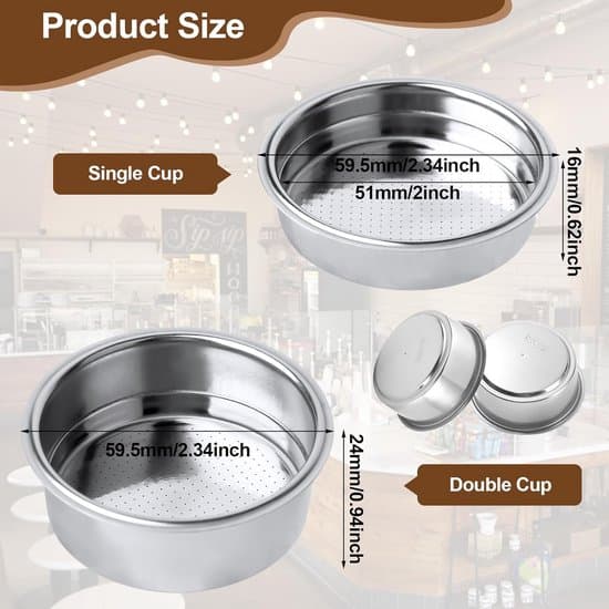 Kaffefilter i rustfrit stål til 51 mm trykfilter, dobbeltlag, 1-2 kopper