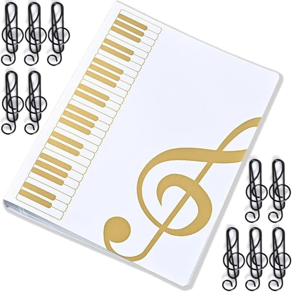 Hvid guitar nodebind, A4-størrelse, med 12 H1 nodepapirclips (sort).